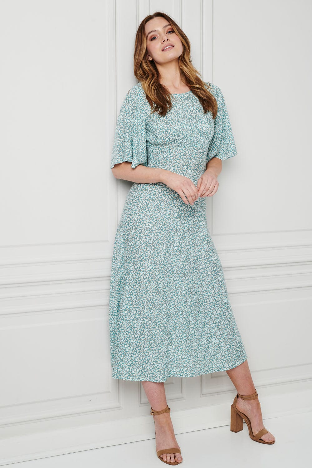 Sage | Daisy Print 1/2 Sleeve Midi Dress