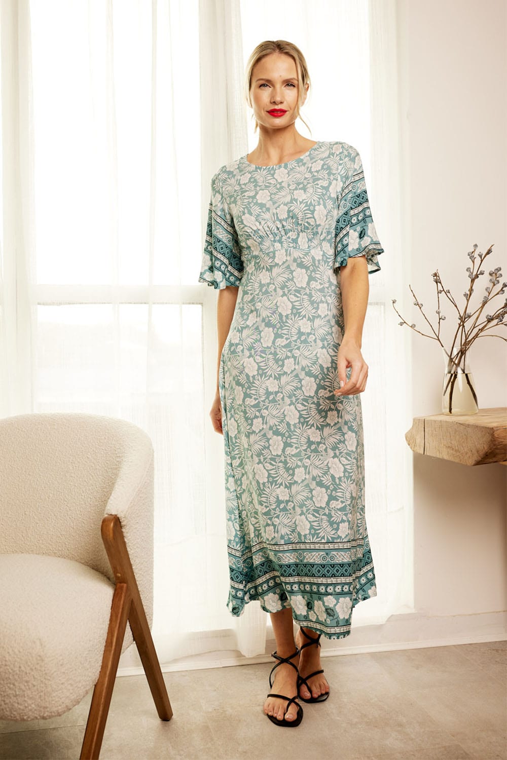 Green | Floral Flared Sleeve Midi Tea Dress