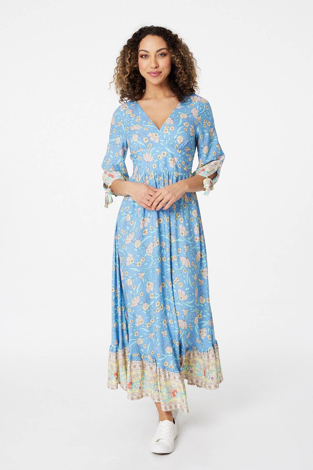 Blue | Floral 3/4 Tie Sleeve Maxi Dress
