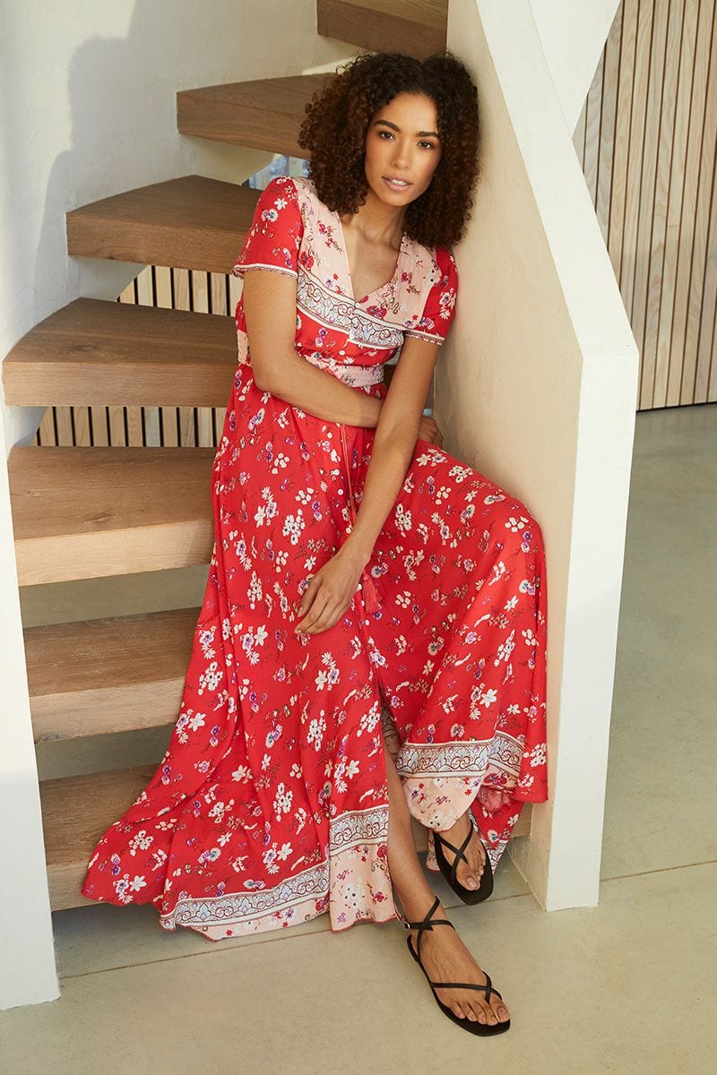 Red | Floral Short Sleeve Maxi Dress