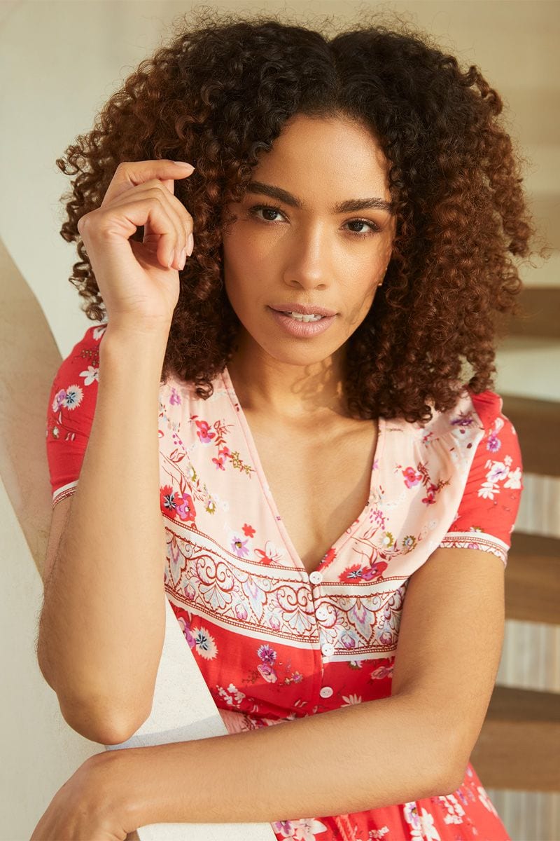 Red | Floral Short Sleeve Maxi Dress