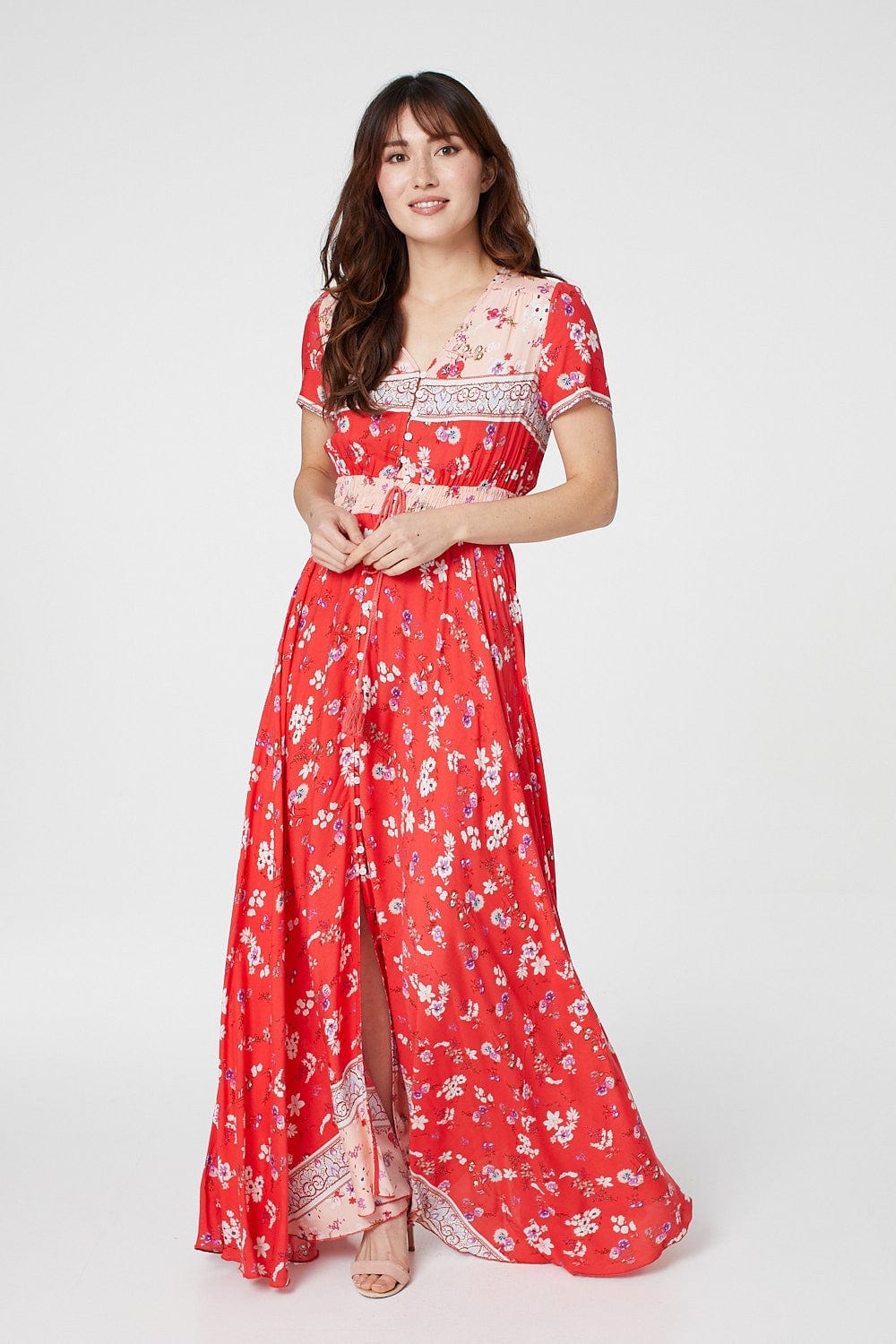 Red | Floral Short Sleeve Maxi Dress