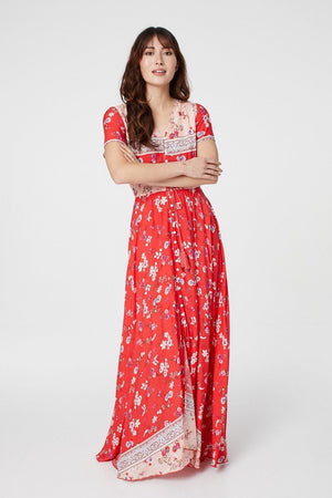 Red | Floral Short Sleeve Maxi Dress