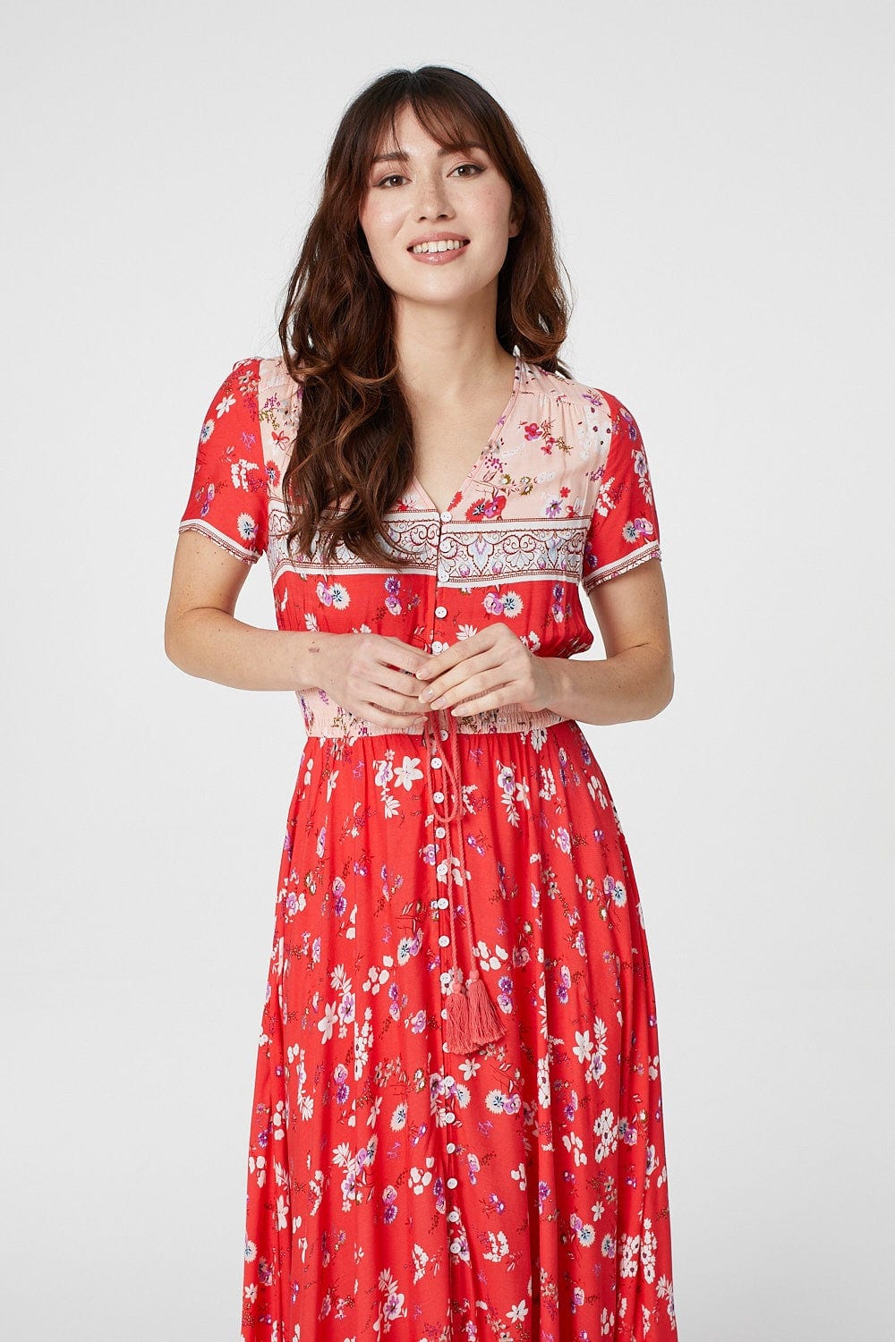 Red | Floral Short Sleeve Maxi Dress