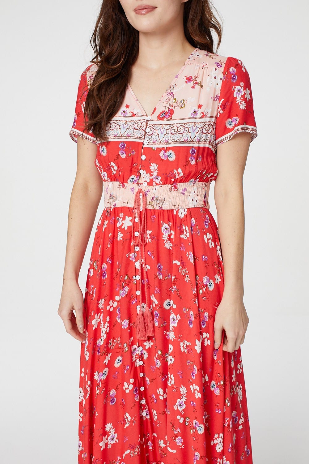 Red | Floral Short Sleeve Maxi Dress
