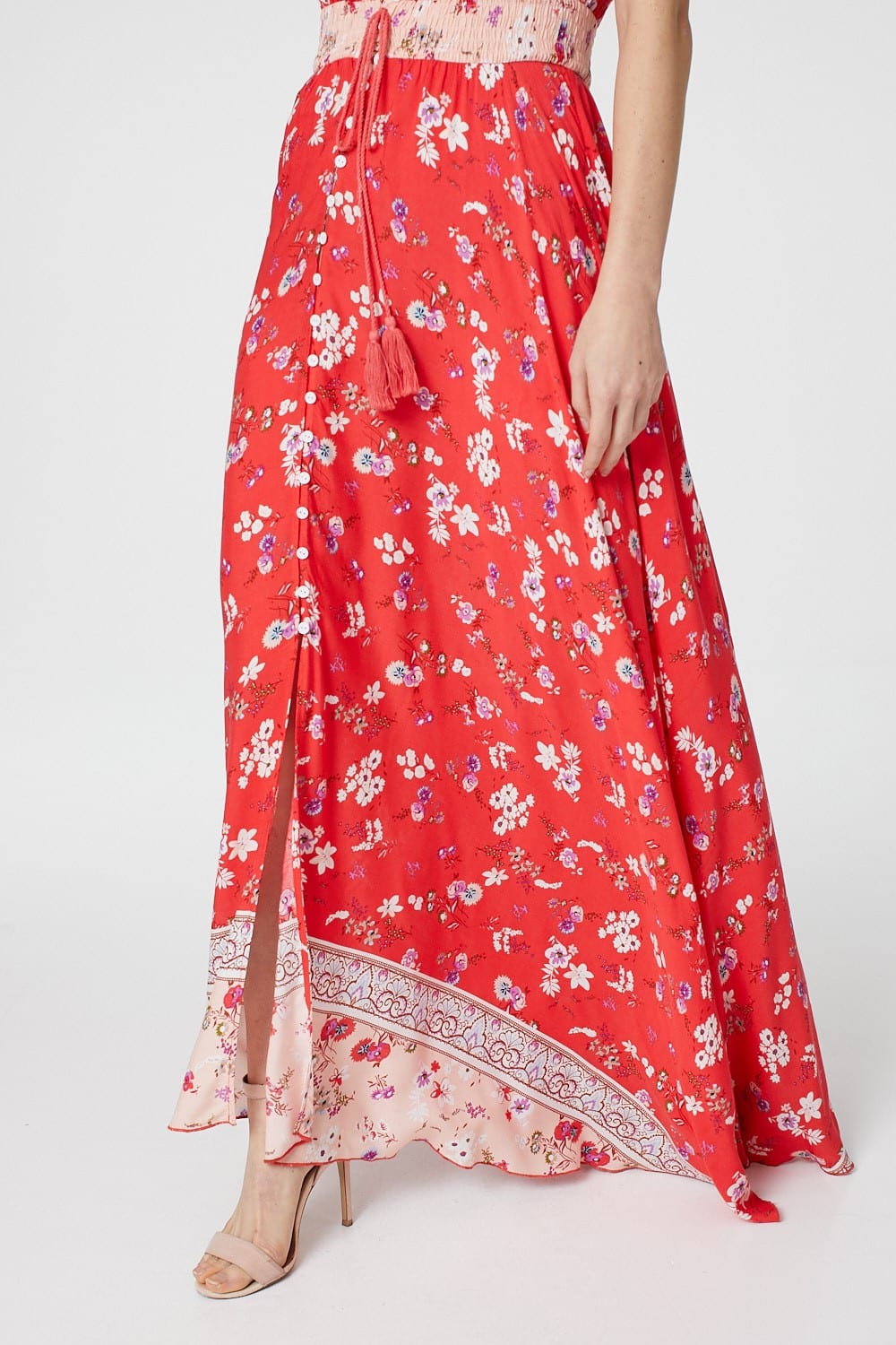 Red | Floral Short Sleeve Maxi Dress