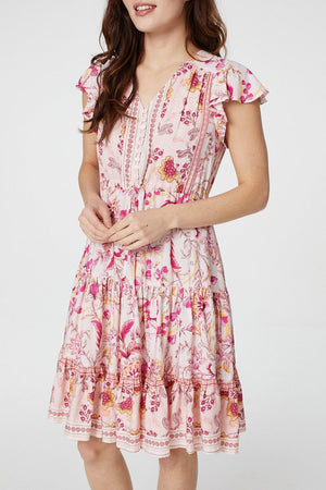 Pink | Vintage Floral V-Neck Smock Dress