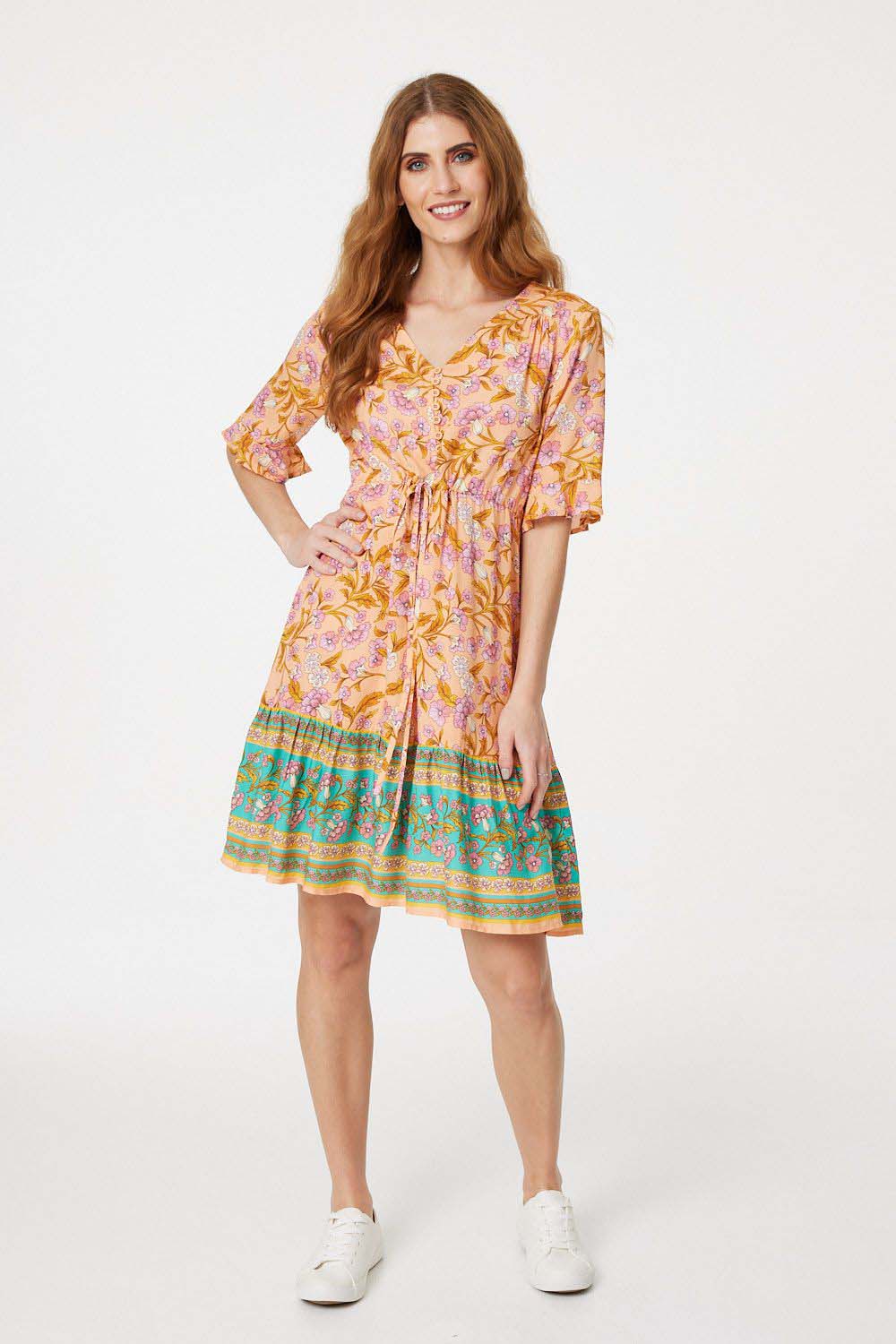 Peach | Floral Tie Waist Short Smock Dress