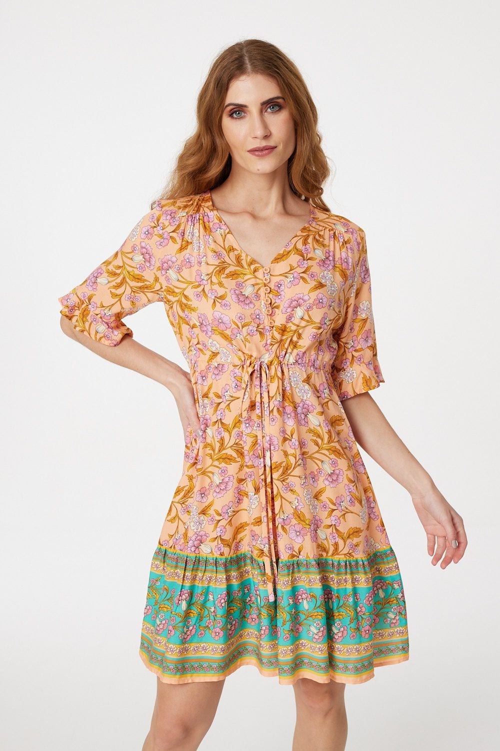 Peach | Floral Tie Waist Short Smock Dress