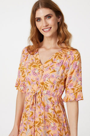 Peach | Floral Tie Waist Short Smock Dress