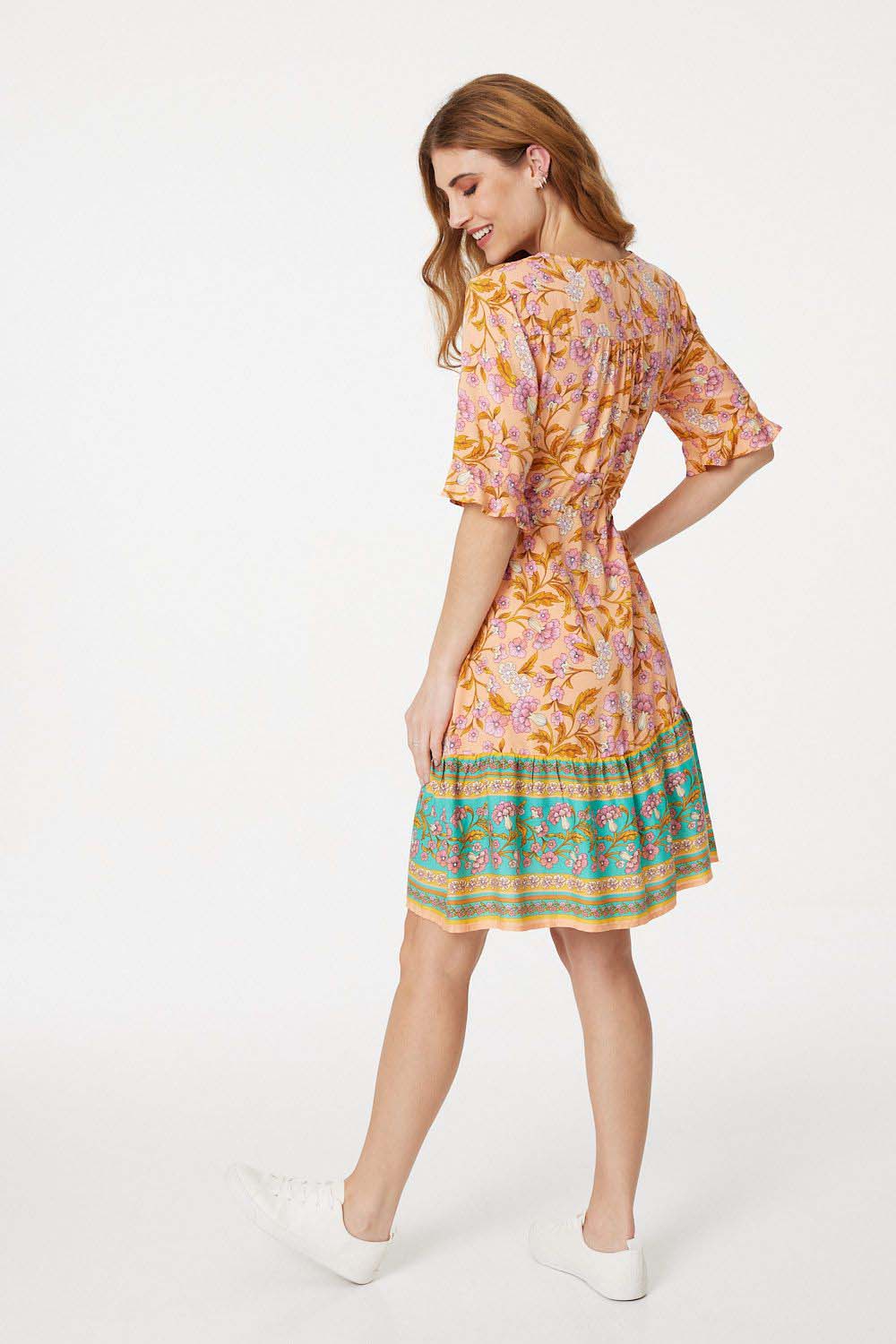 Peach | Floral Tie Waist Short Smock Dress