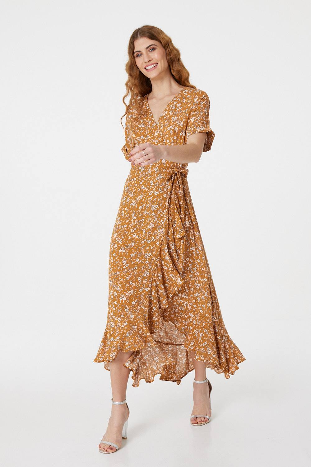 Mustard | Floral Short Sleeve Wrap Dress