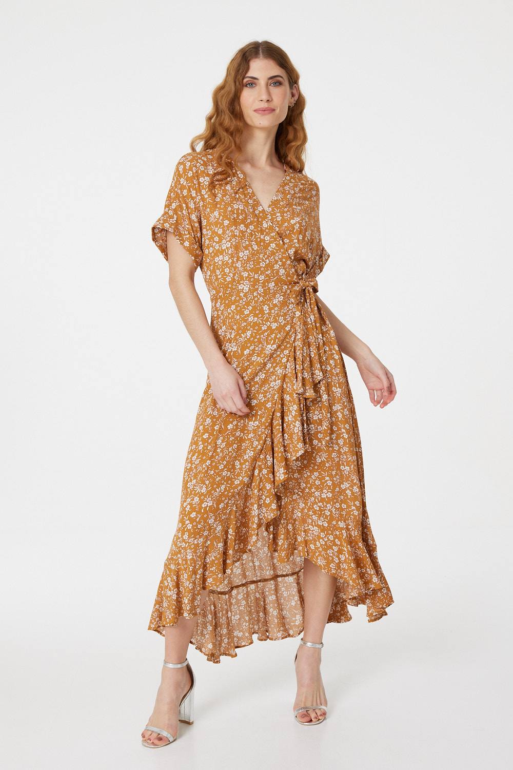 Mustard | Floral Short Sleeve Wrap Dress