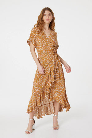 Mustard | Floral Short Sleeve Wrap Dress