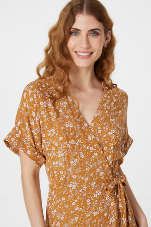 Mustard | Floral Short Sleeve Wrap Dress
