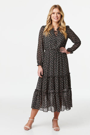 Black | Floral Long Sleeve Tiered Midi Dress
