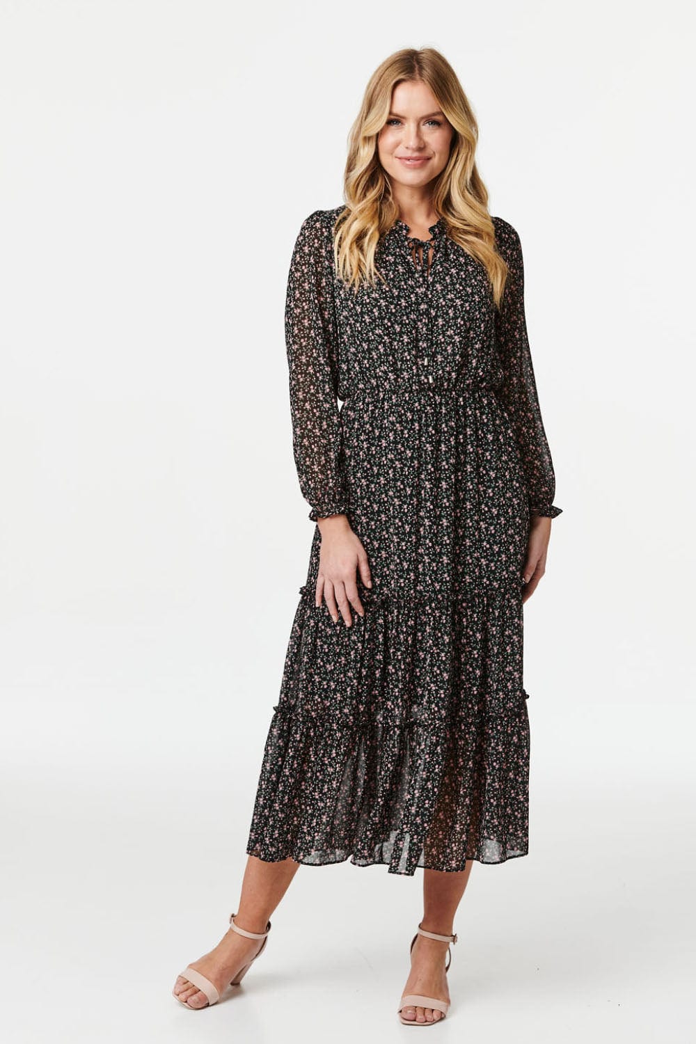 Black | Floral Long Sleeve Tiered Midi Dress