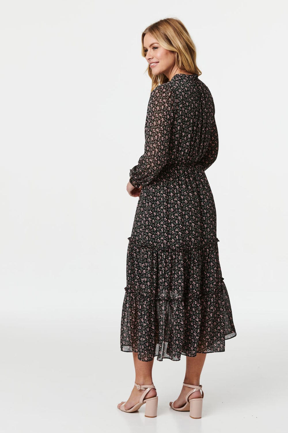 Black | Floral Long Sleeve Tiered Midi Dress