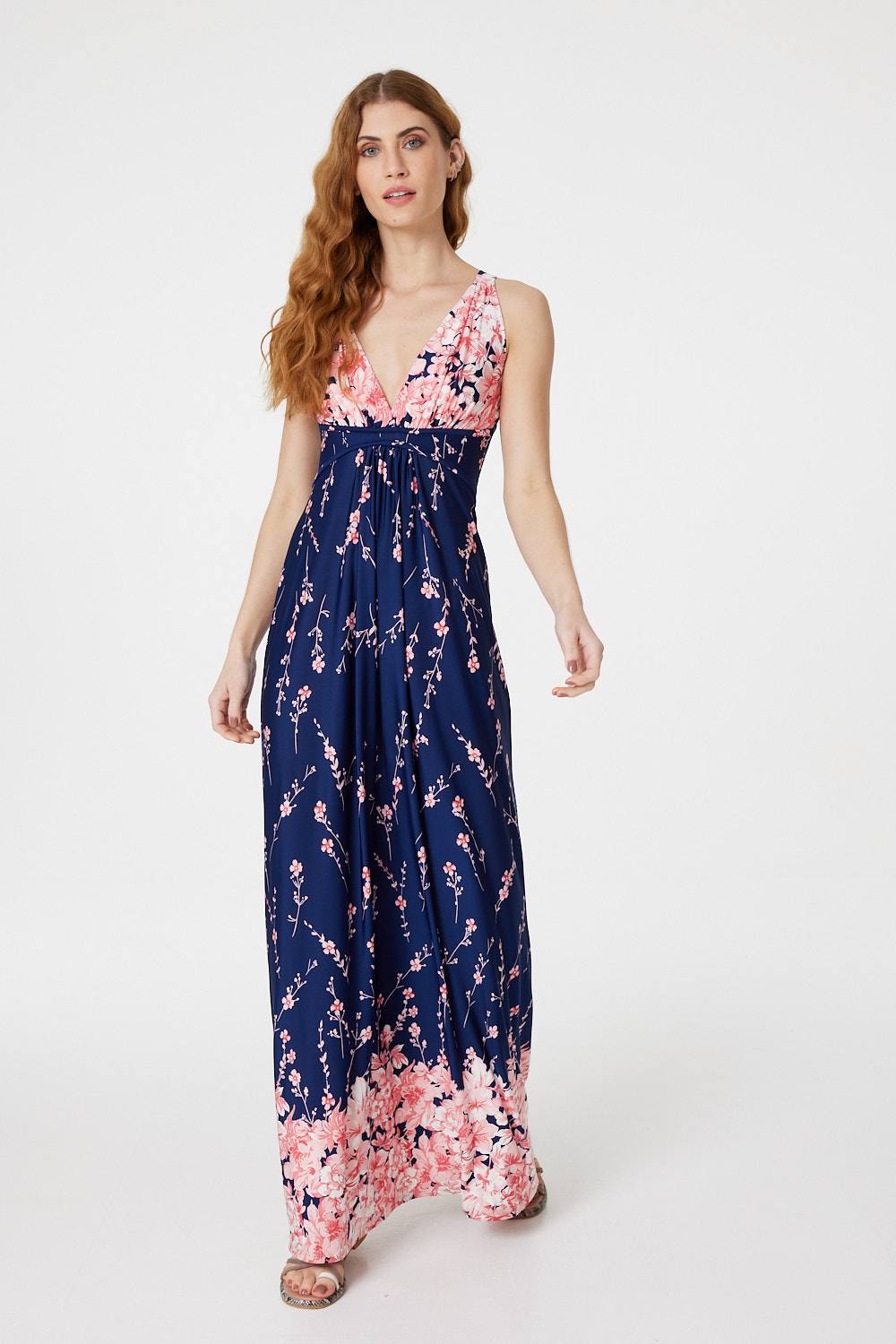 Navy | Floral V-Neck A-Line Maxi Dress