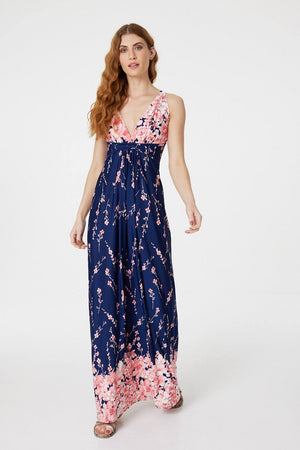 Navy | Floral V-Neck A-Line Maxi Dress