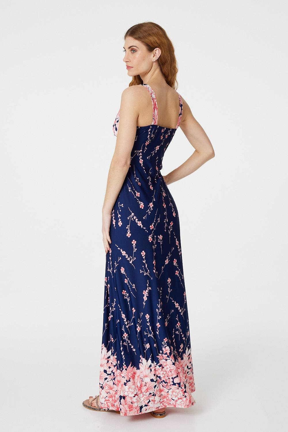 Navy | Floral V-Neck A-Line Maxi Dress