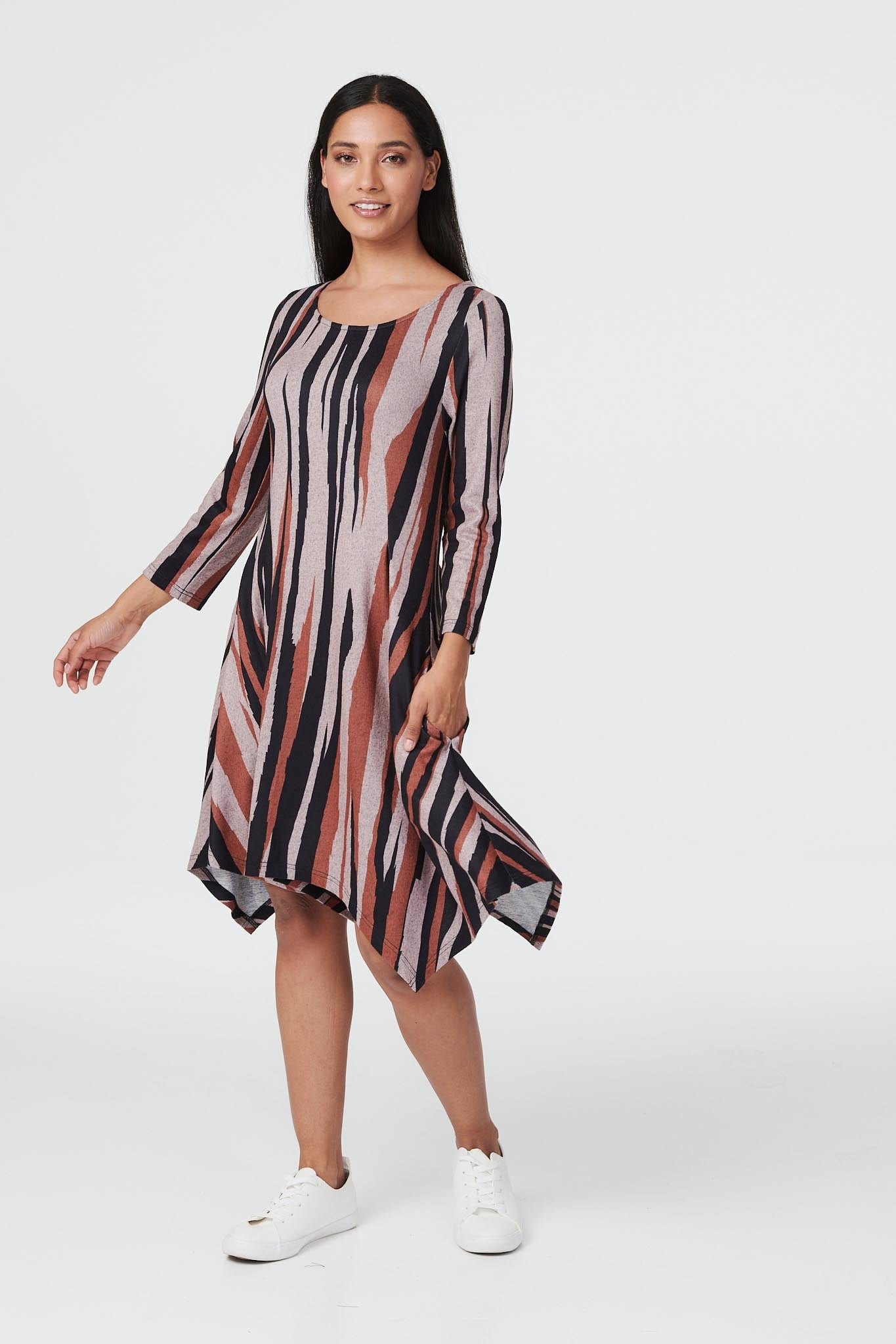 Beige | Striped Hanky Hem Swing Dress
