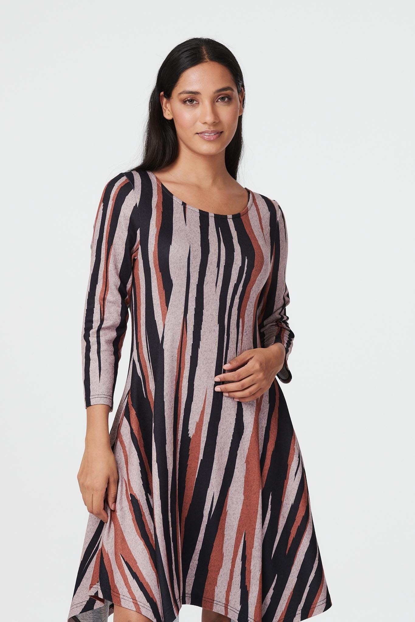 Beige | Striped Hanky Hem Swing Dress