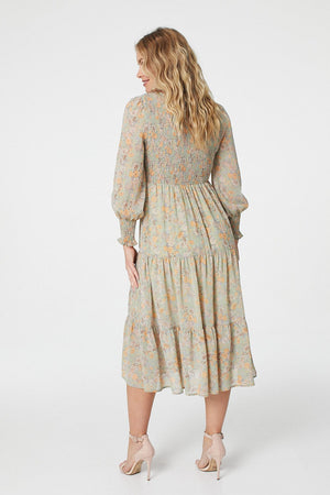 Sage | Vintage Floral Shirred Midi Dress