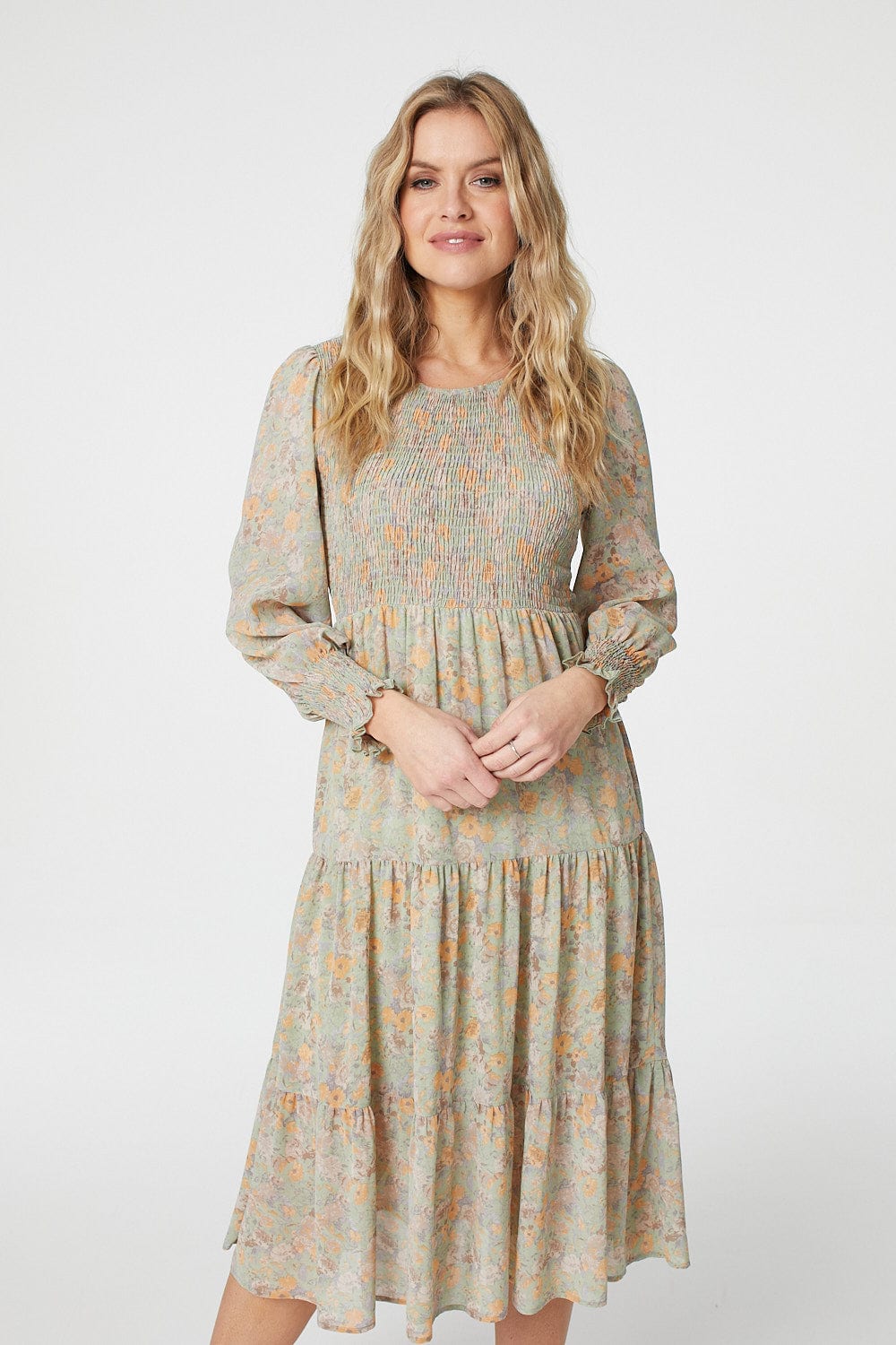 Sage | Vintage Floral Shirred Midi Dress