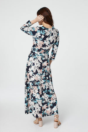 Navy | Floral 3/4 Sleeve Maxi Dress