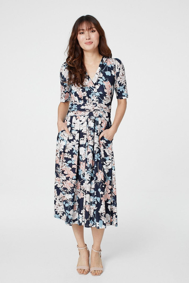 Navy | Floral V-Neck Short Sleeve Midi Dress