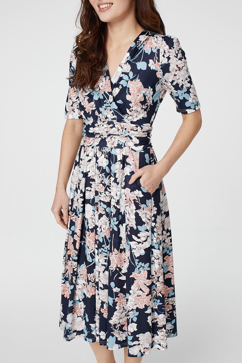 Navy | Floral V-Neck Short Sleeve Midi Dress