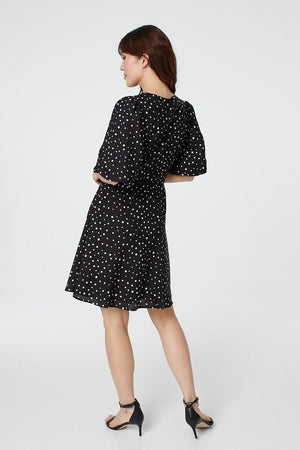 Black | Polka Dot 1/2 Sleeve Skater Dress