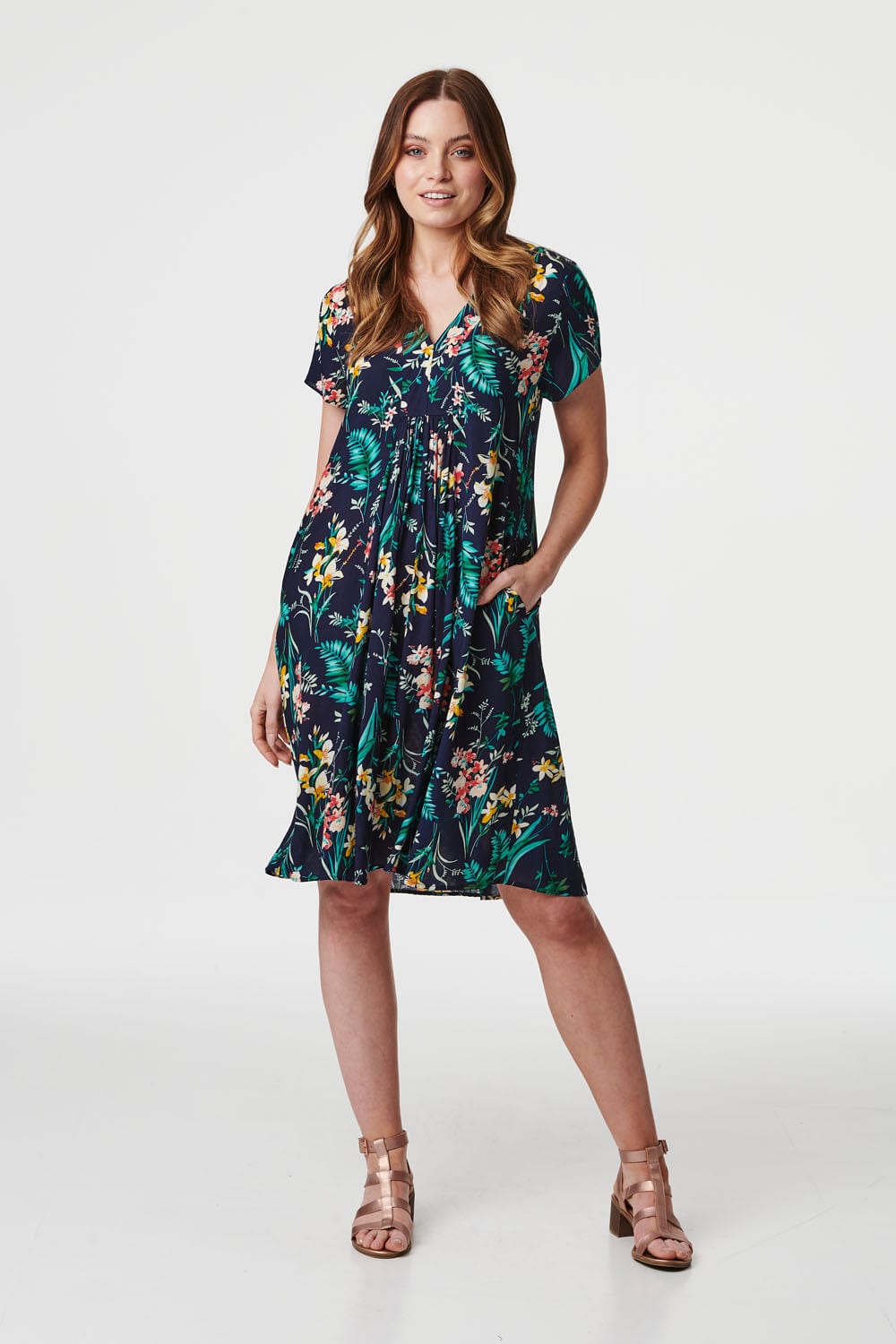 Navy | Tropical Print V-Neck Tunic Dress