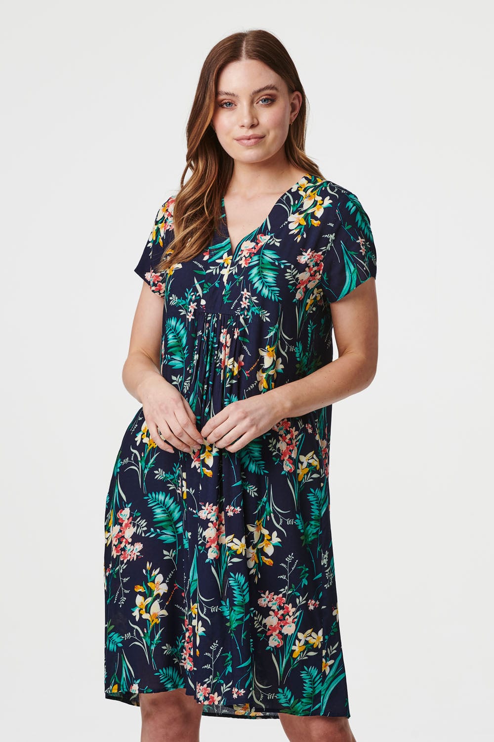 Navy | Tropical Print V-Neck Tunic Dress