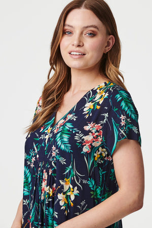 Navy | Tropical Print V-Neck Tunic Dress