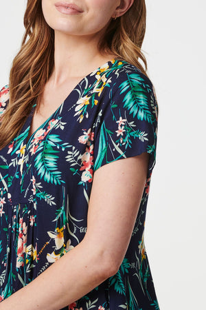 Navy | Tropical Print V-Neck Tunic Dress