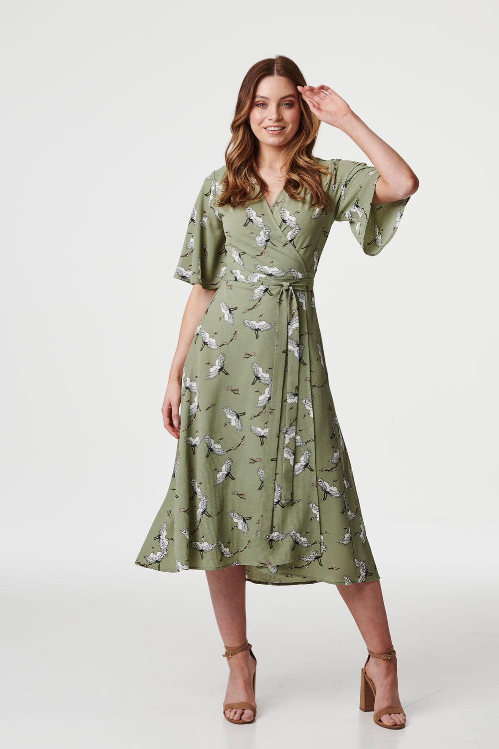 Sage | Bird Print Midi Wrap Dress