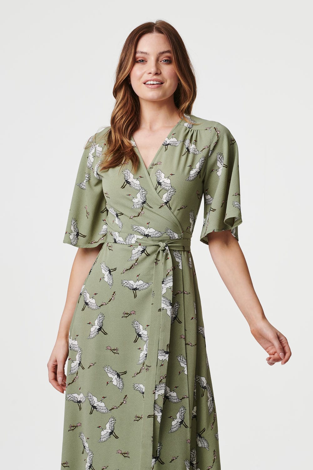 Sage | Bird Print Midi Wrap Dress