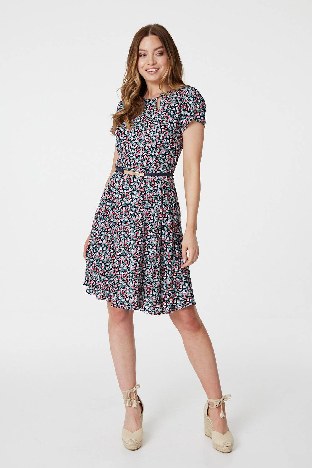 Navy | Ditsy Floral Cut Out Skater Dress