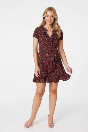 Rust | Ditsy Print Wrap Front Skater Dress