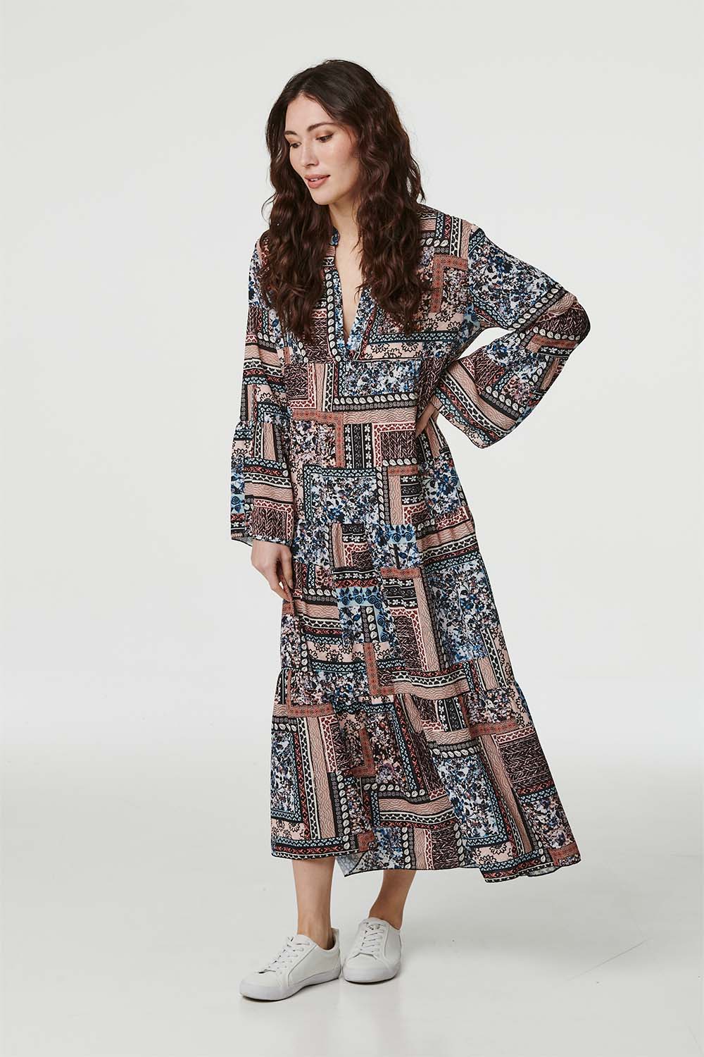 Blue | Patchwork Print Maxi Smock Dress