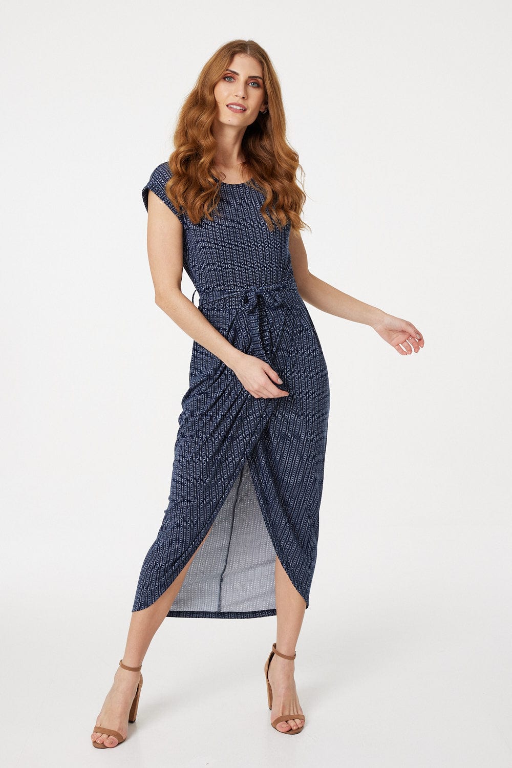 Navy | Geo Print Cap Sleeve Jersey Dress