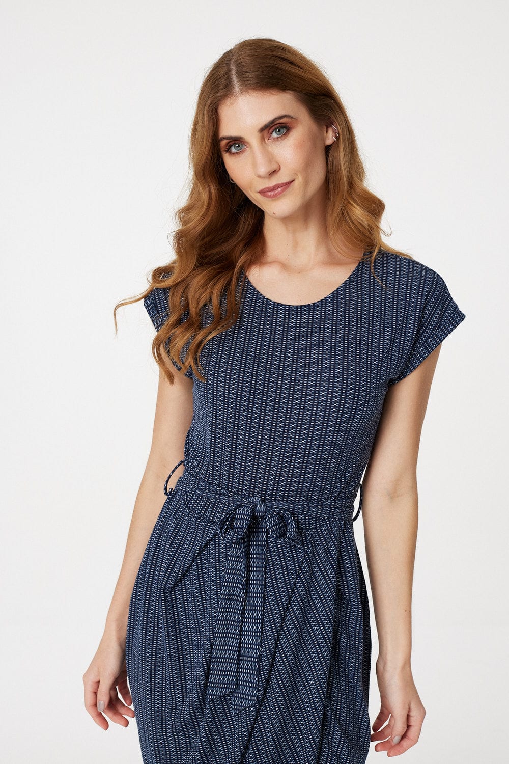 Navy | Geo Print Cap Sleeve Jersey Dress