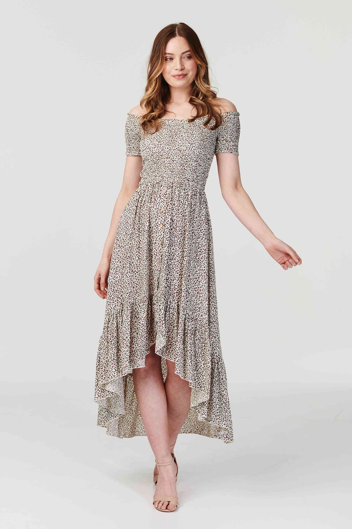 Brown | Ditsy Print Off The Shoulder Dress