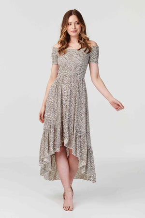 Brown | Ditsy Print Off The Shoulder Dress