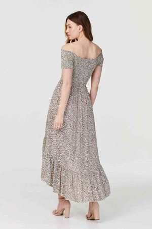 Brown | Ditsy Print Off The Shoulder Dress