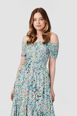 Blue | Ditsy Floral High Low Bardot Dress