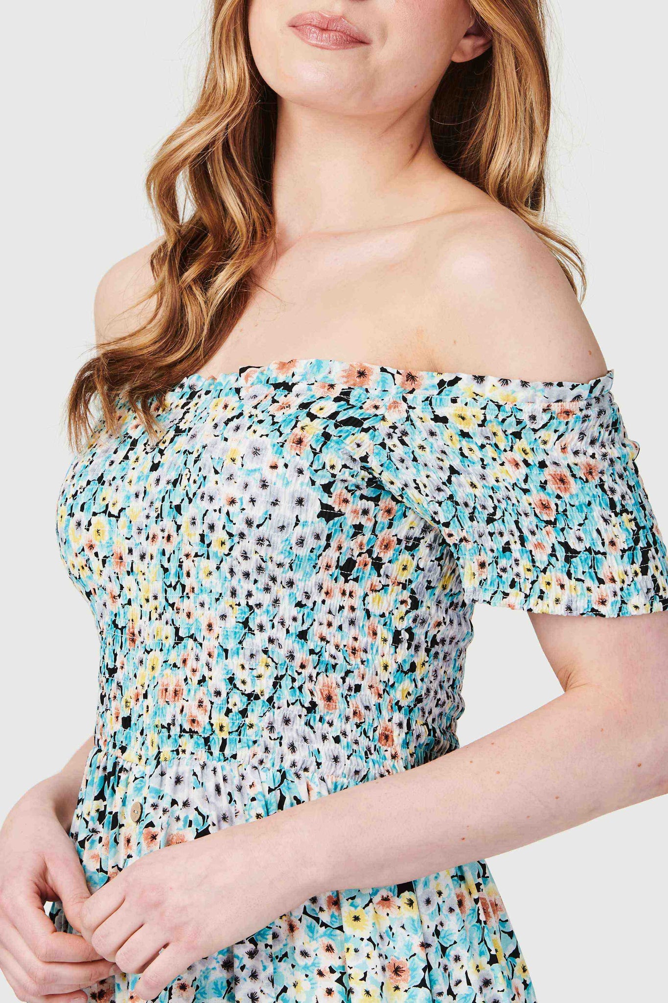Blue | Ditsy Floral High Low Bardot Dress