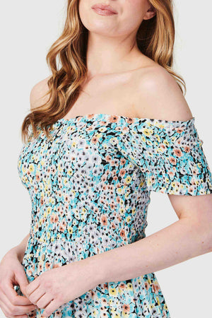 Blue | Ditsy Floral High Low Bardot Dress